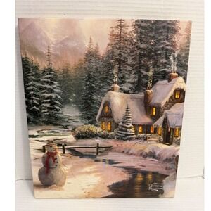 Thomas Kinkade Winter Cottage Snowman Wrapped Canvas Wall Art  2010 14" x 12"